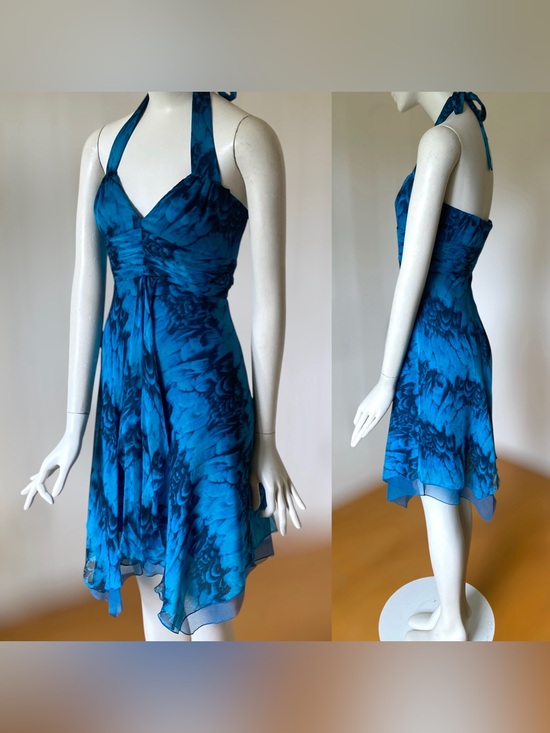 Laundry By Shelli Segal Dresses & Skirts - Vintage Laundry by Shelli Segal 100% Silk Blue & Black Watercolor Halter Dress 4